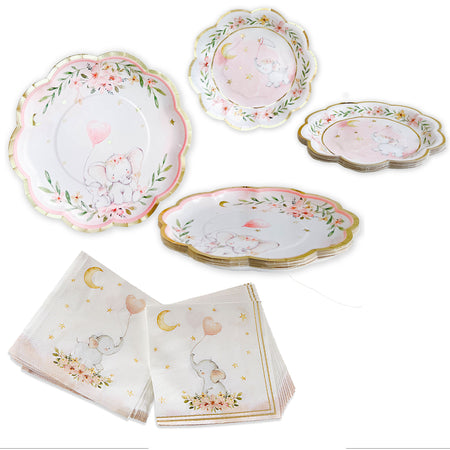 Elephant Baby Shower 62 Piece Party Tableware Set - Pink (16 Guests) Main Image, Kate Aspen | Tableware