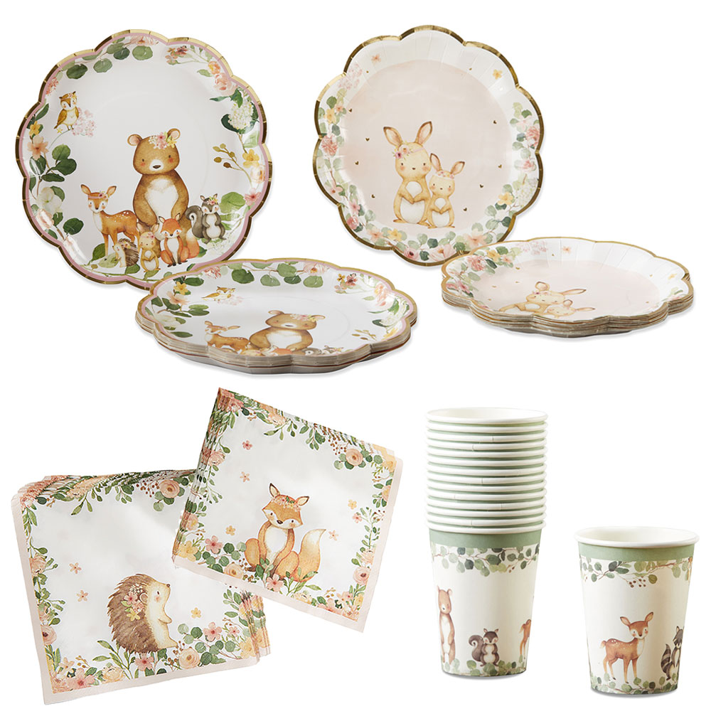 Woodland Baby 78 Piece Party Tableware Set - Pink (16 Guests) Main Image, Kate Aspen | Tableware