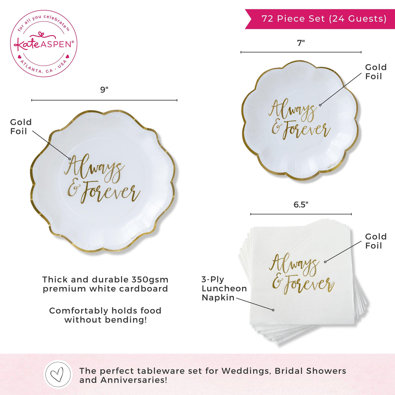 Always & Forever 72 Piece Party Tableware Set (24 Guests) Alternate Image 6, Kate Aspen | Party Kit