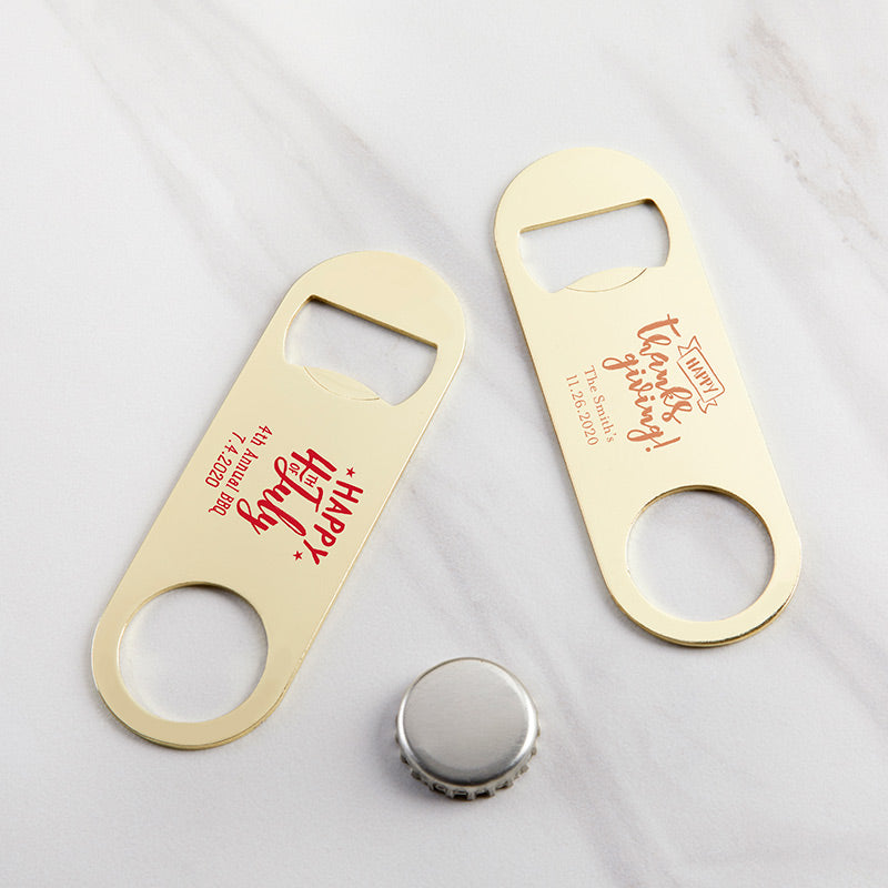 Personalized Gold Oblong Bottle Opener - Holiday