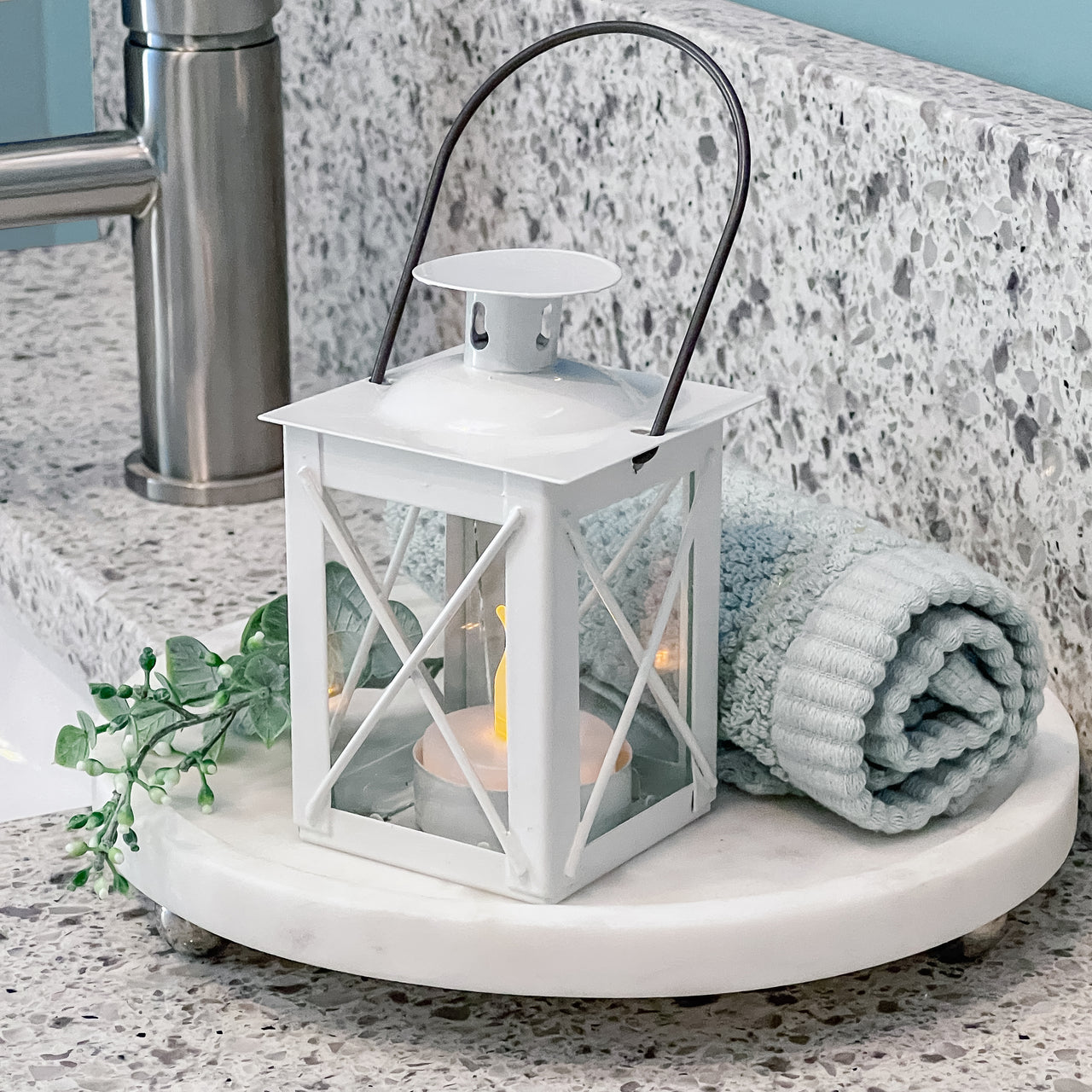 Luminous Distressed White Mini-Lantern Tea Light Holder Main Image, Kate Aspen | Lanterns