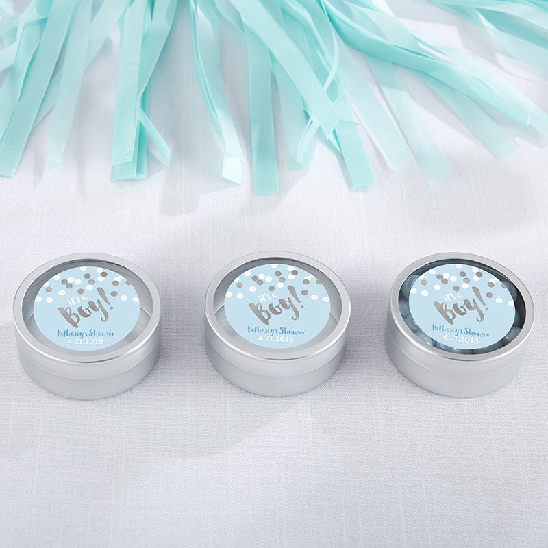 Personalized Silver Round Candy Tin - It's a Boy! (Set of 12)