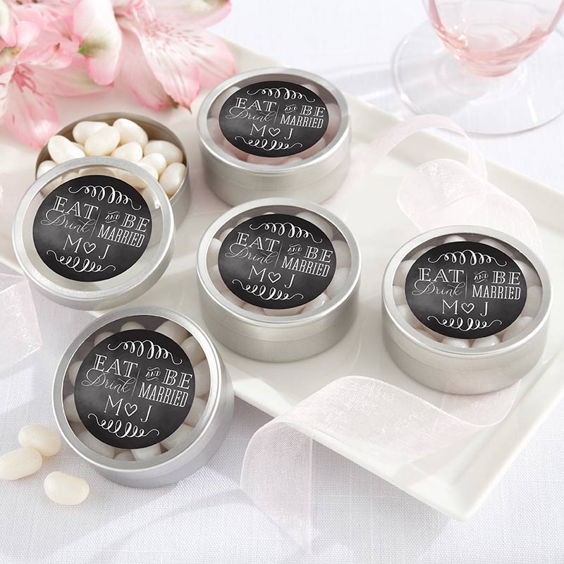Personalized Silver Round Candy Tin - Eat, Drink & Be Married  (Set of 12)