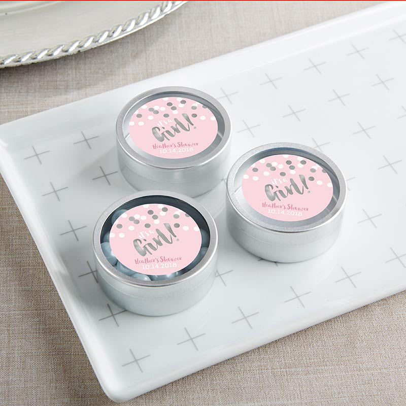 Personalized Silver Round Candy Tin - It's a Girl! (Set of 12)