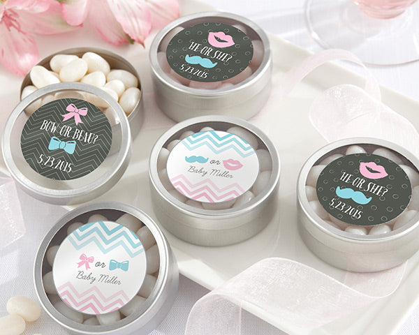 Personalized Silver Round Candy Tin - Gender Reveal Bow or Beau Ombre (Set of 12)