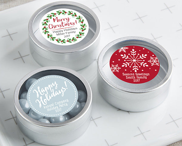 Personalized Silver Round Candy Tin - Holiday (Set of 12)