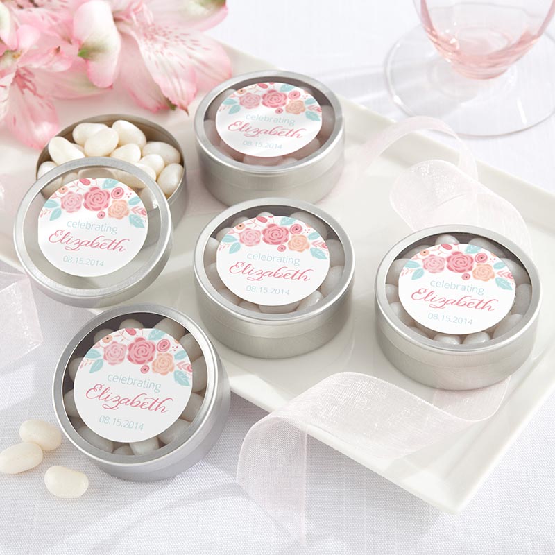 Personalized Silver Round Candy Tin - Rustic Bridal Shower (Set of 12)