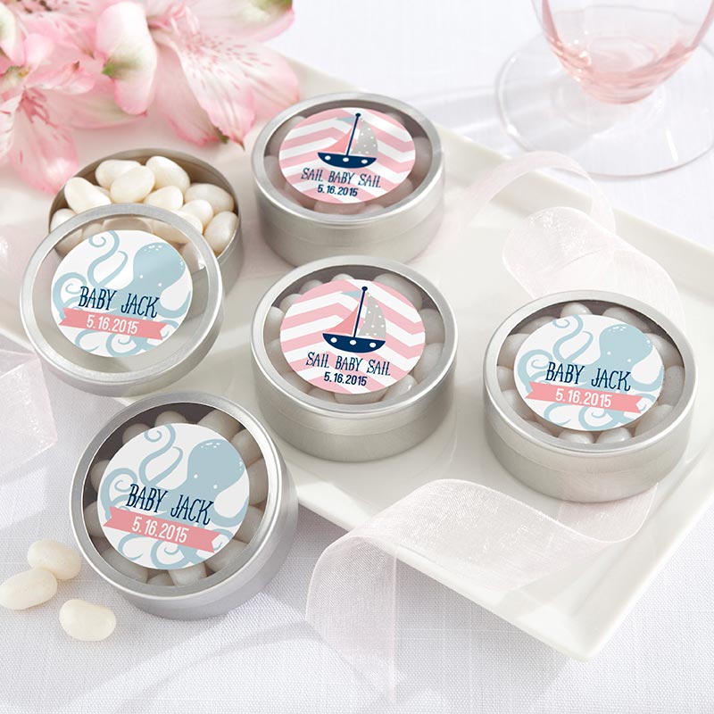 Personalized Silver Round Candy Tin - Nautical Baby Shower (Set of 12)
