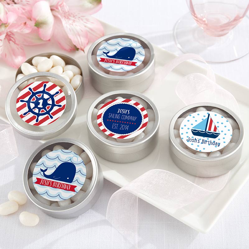 Personalized Silver Round Candy Tin - Nautical Birthday (Set of 12)
