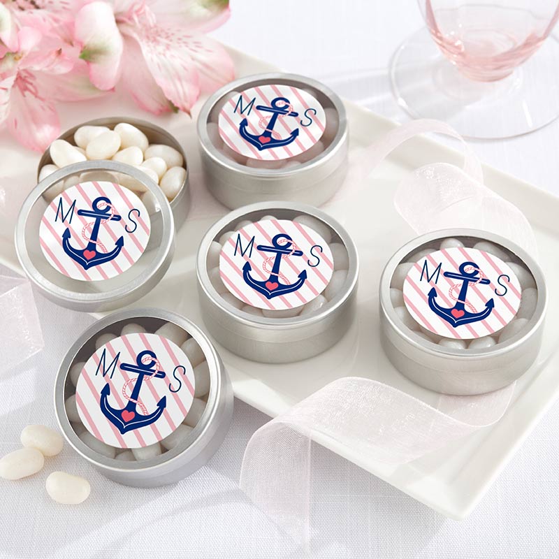 Personalized Silver Round Candy Tin - Nautical Bridal Shower (Set of 12)