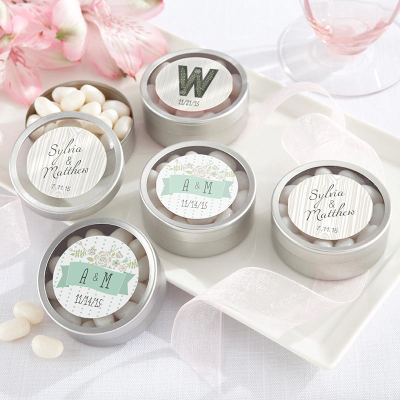 Personalized Silver Round Candy Tin - Rustic Wedding (Set of 12)