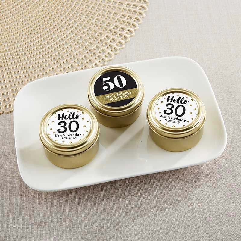 Personalized Gold Round Candy Tin - Milestone Birthday (Set of 12)
