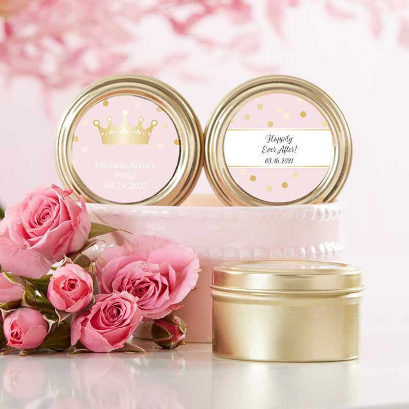 Personalized Gold Round Candy Tin - Princess Party (Set of 12)