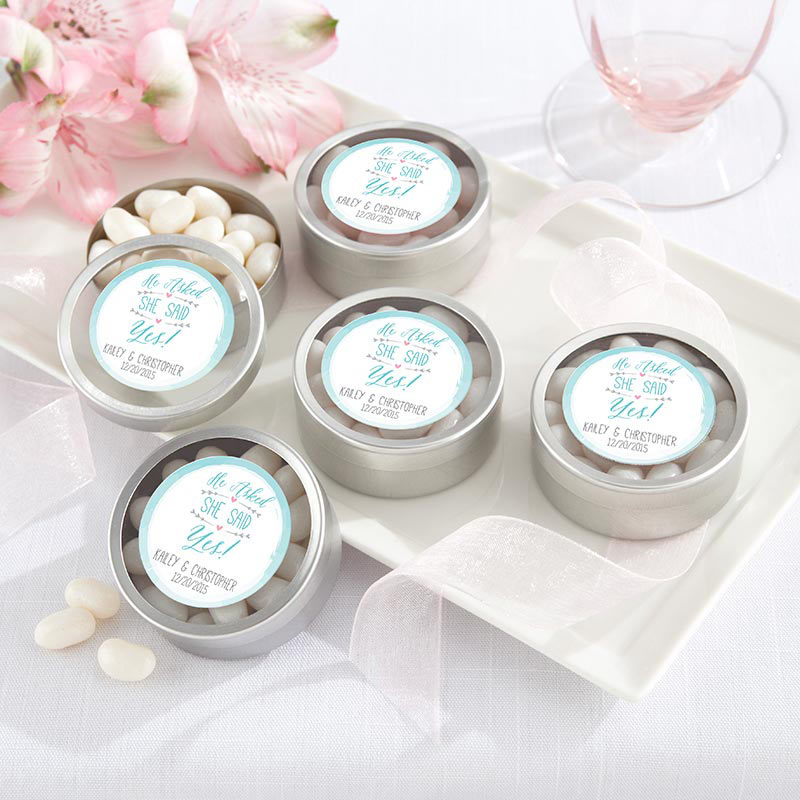 Personalized Silver Round Candy Tin - He Asked, She Said Yes (Set of 12)