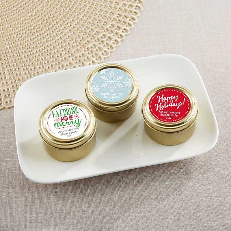 Personalized Gold Round Candy Tin - Holiday (Set of 12)