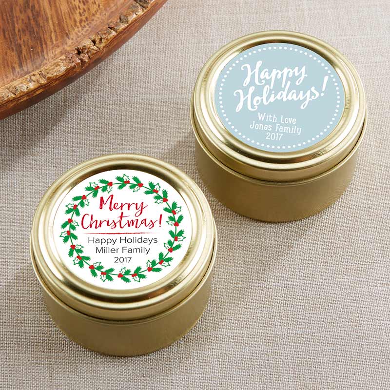 Personalized Gold Round Candy Tin - Holiday (Set of 12)