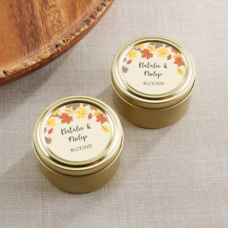 Personalized Gold Round Candy Tin - Fall Leaves (Set of 12)