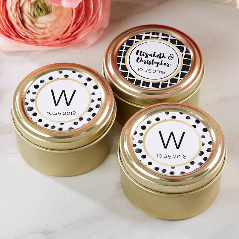 Personalized Gold Round Candy Tin - Modern Classic (Set of 12)