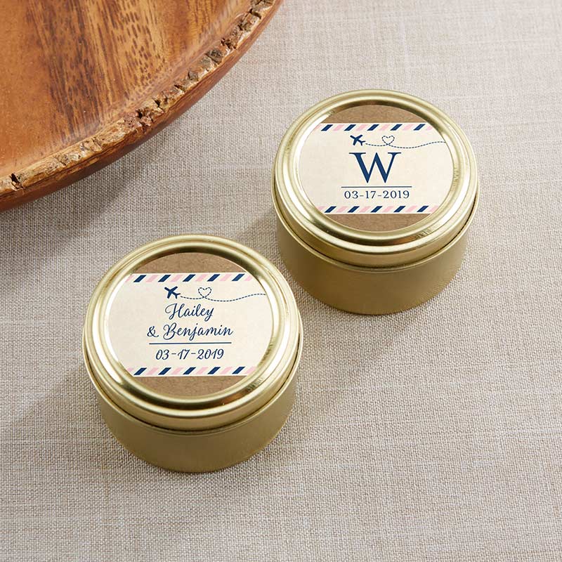 Personalized Gold Round Candy Tin - Travel & Adventure (Set of 12)