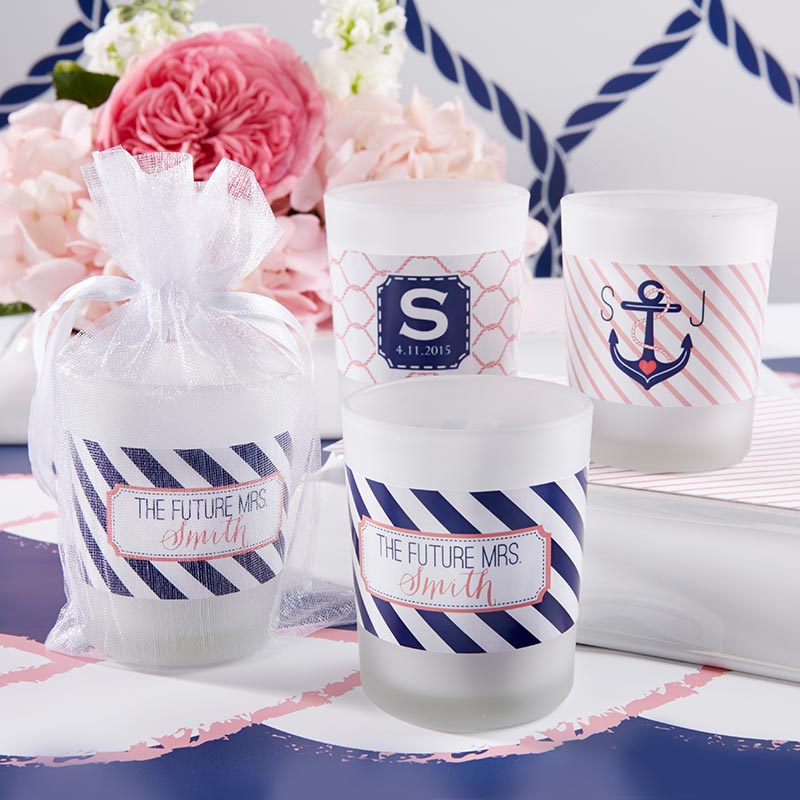Personalized Frosted Glass Votive - Kate's Nautical Bridal Shower Collection