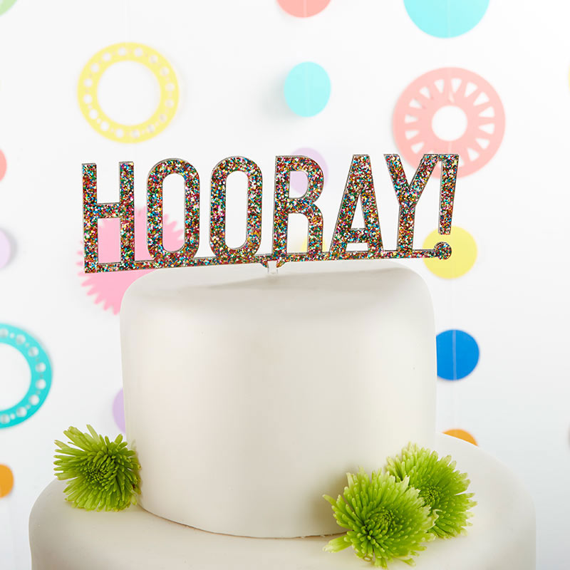 Hooray Multicolor Glitter Acrylic Cake Topper