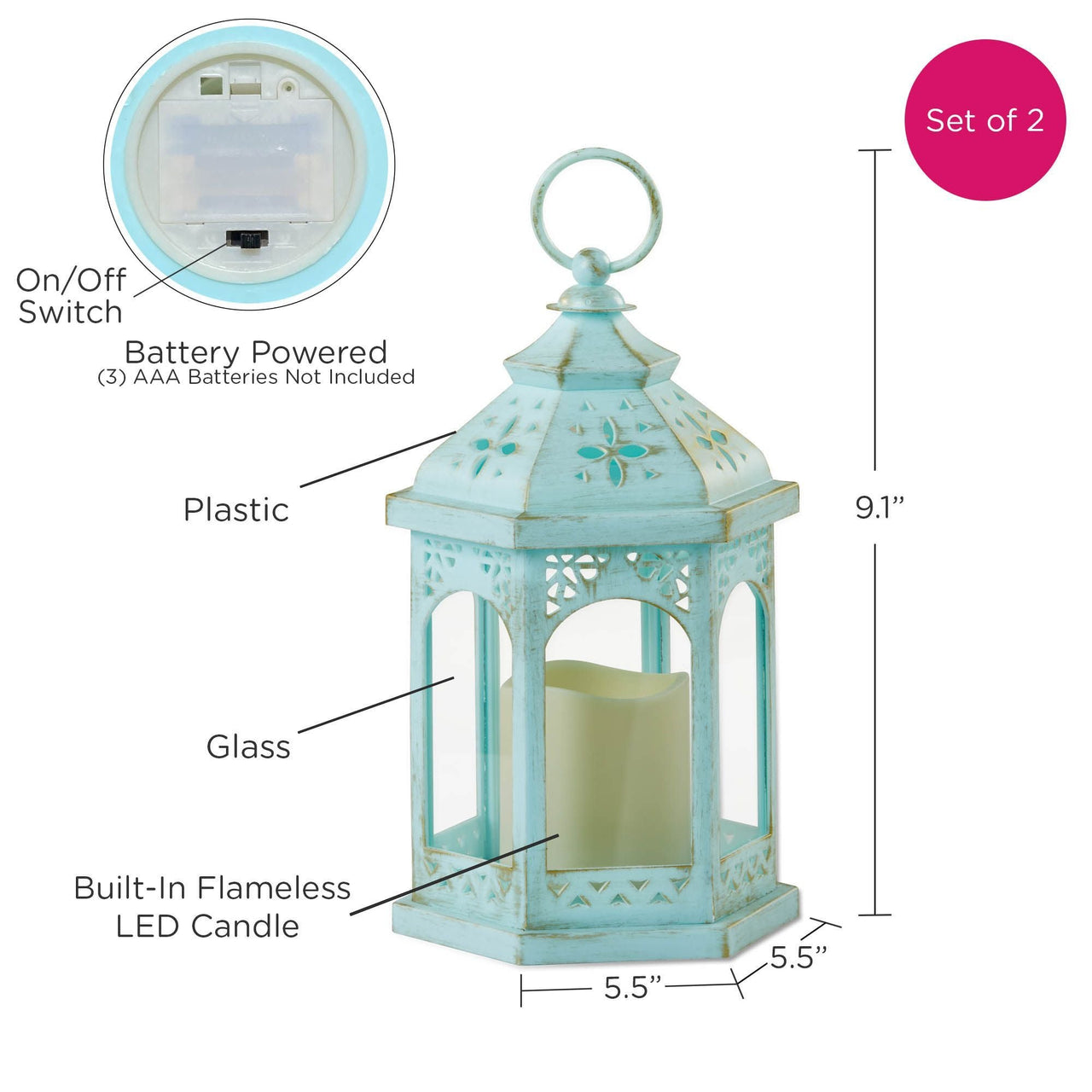 LED Blue Hexagon Distressed Lantern (Set of 2)