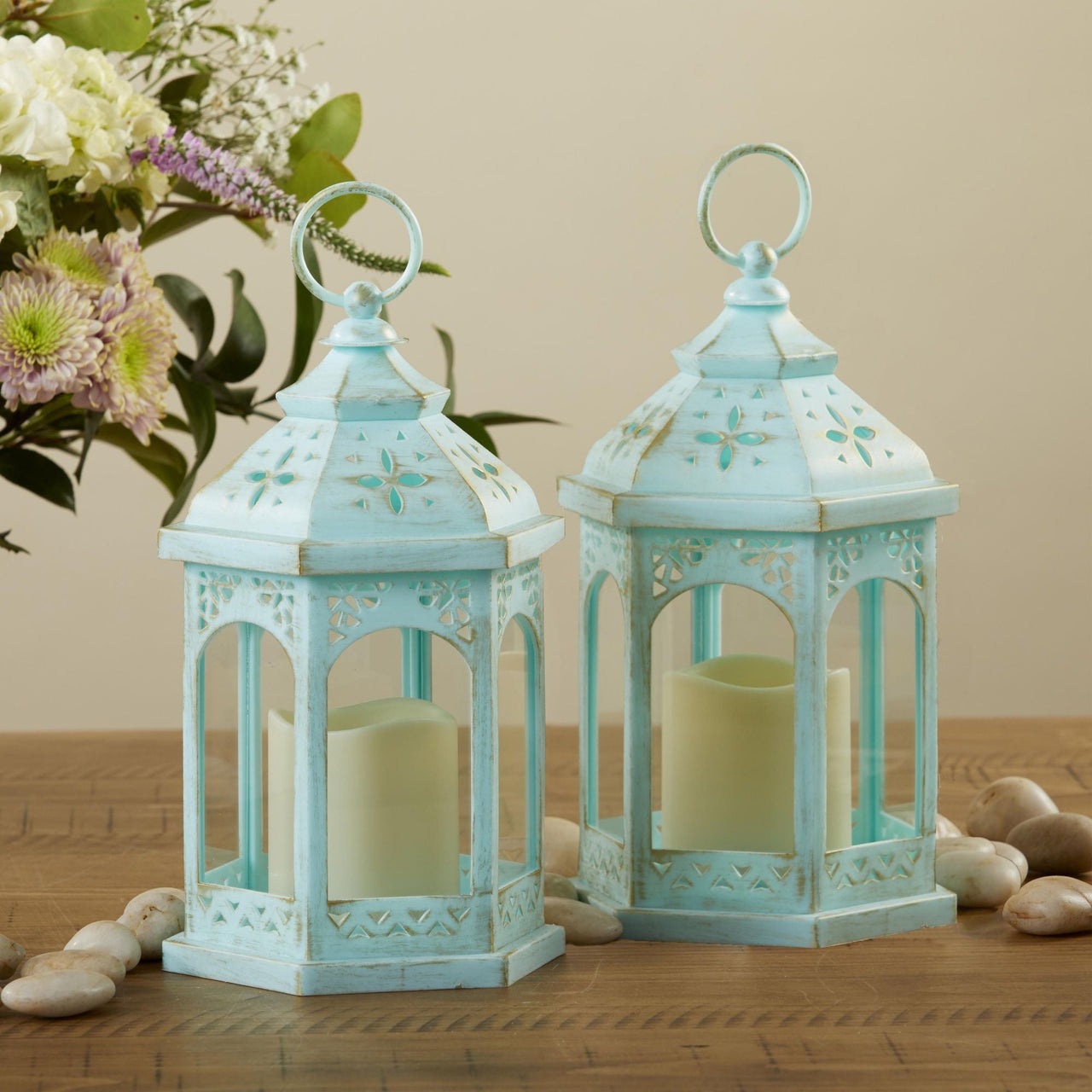 LED Blue Hexagon Distressed Lantern (Set of 2) Main Image, Kate Aspen | Lantern