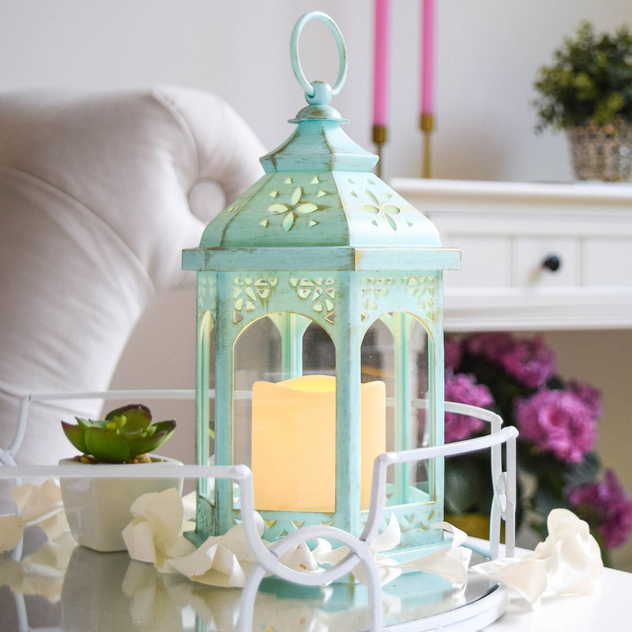 LED Blue Hexagon Distressed Lantern (Set of 2) Alternate Image 2, Kate Aspen | Lantern