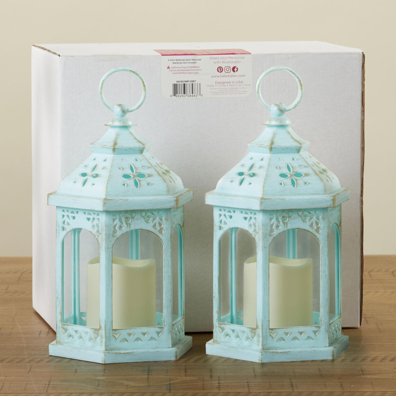 LED Blue Hexagon Distressed Lantern (Set of 2) Alternate Image 5, Kate Aspen | Lantern