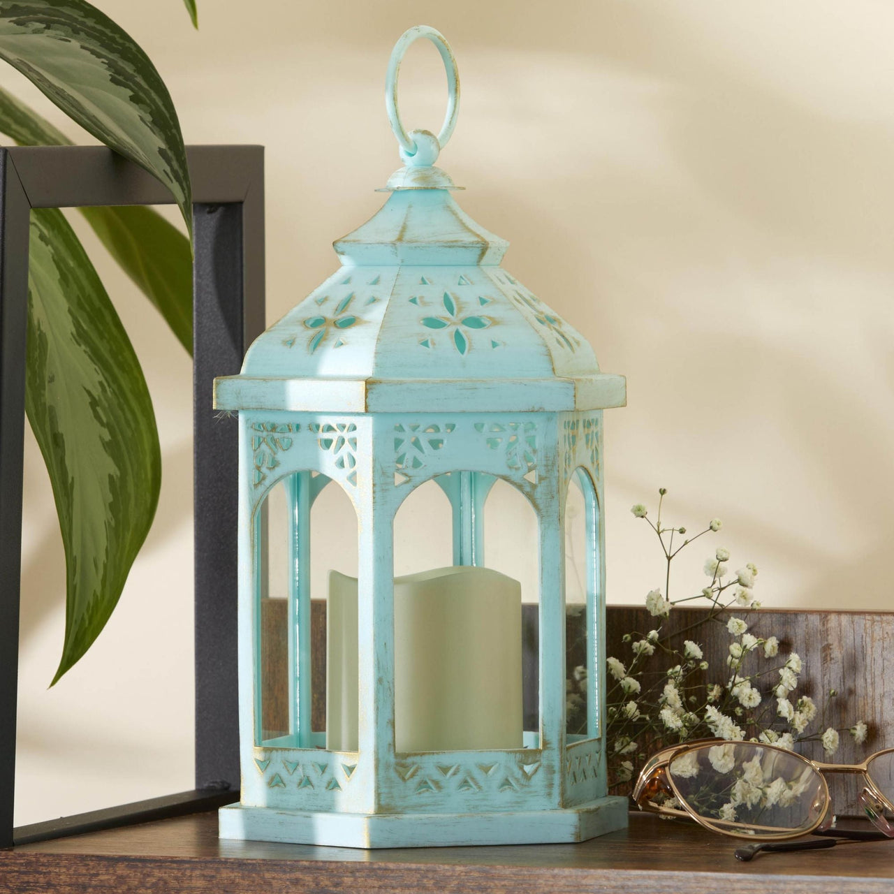 LED Blue Hexagon Distressed Lantern (Set of 2) Alternate Image 7, Kate Aspen | Lantern