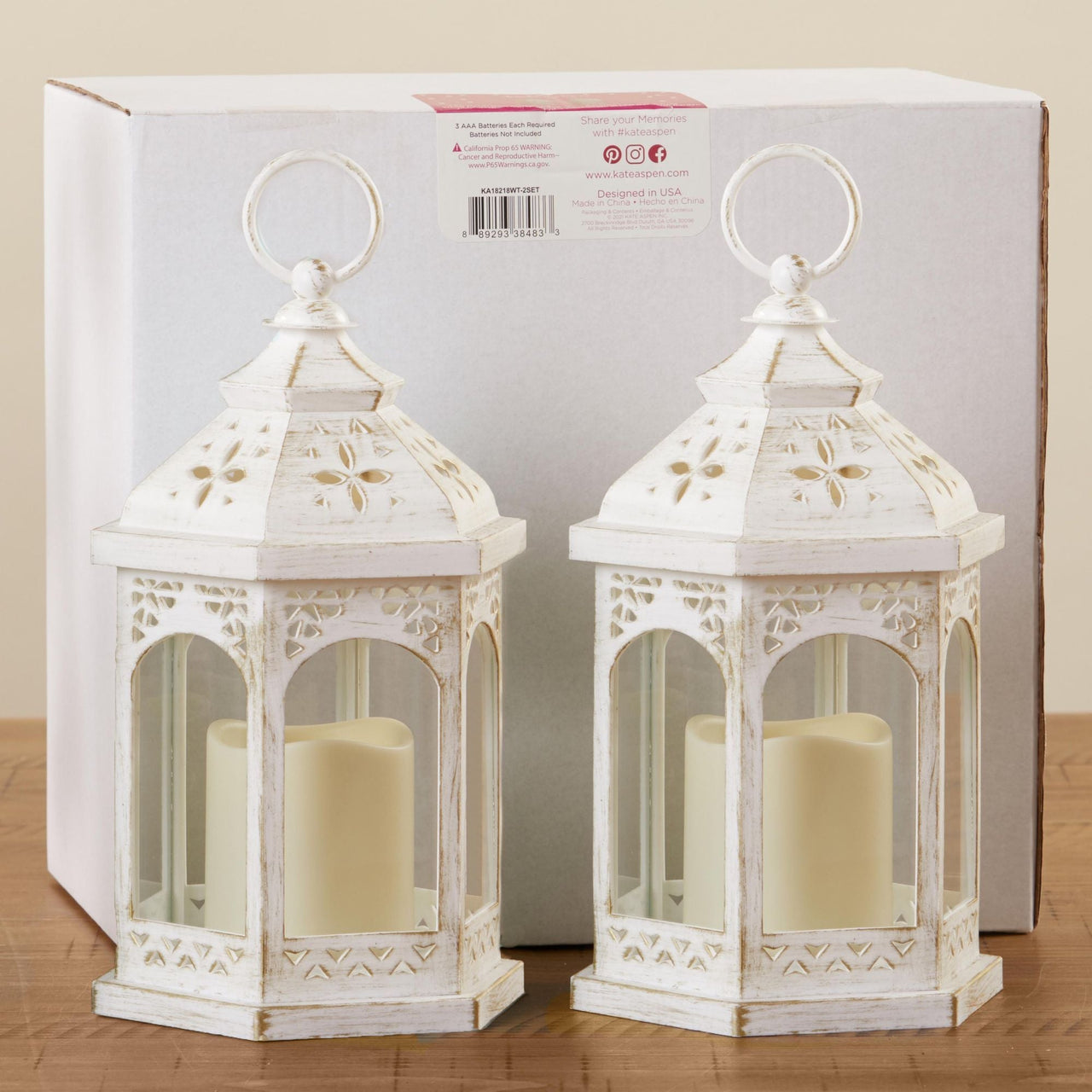 LED White Hexagon Distressed Lantern (Set of 2) Alternate Image 5, Kate Aspen | Lantern