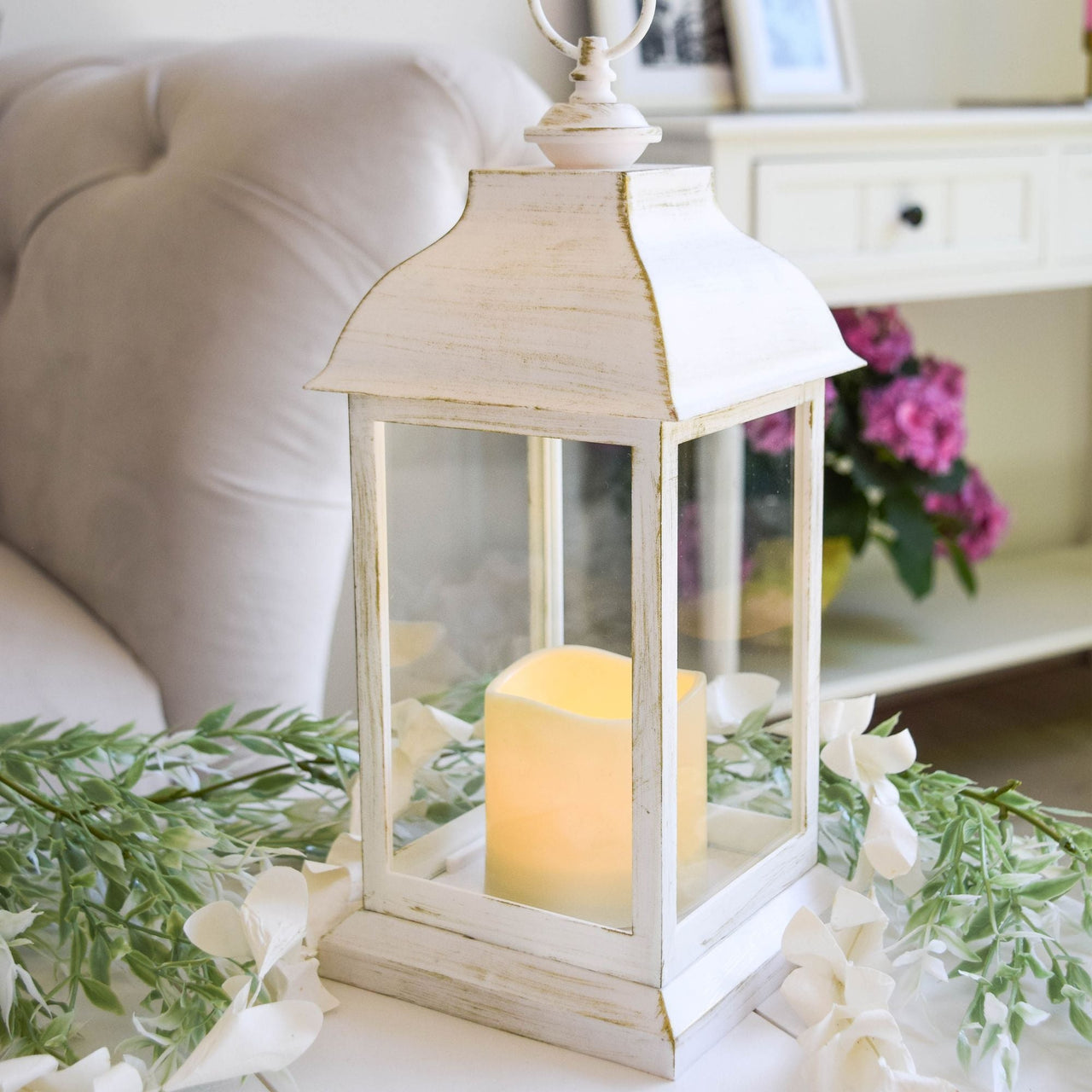 LED Vintage Decorative Distressed White Lantern - Manchester Main Image, Kate Aspen | Lantern