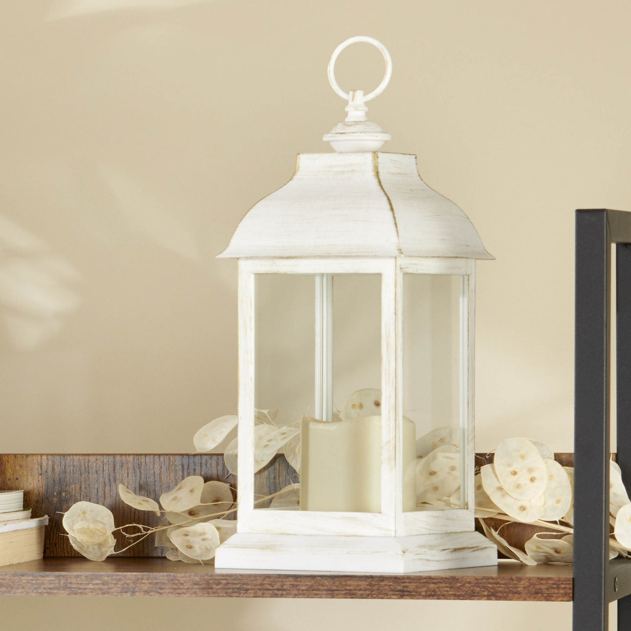 LED Vintage Decorative Distressed White Lantern - Manchester Alternate Image 2, Kate Aspen | Lantern