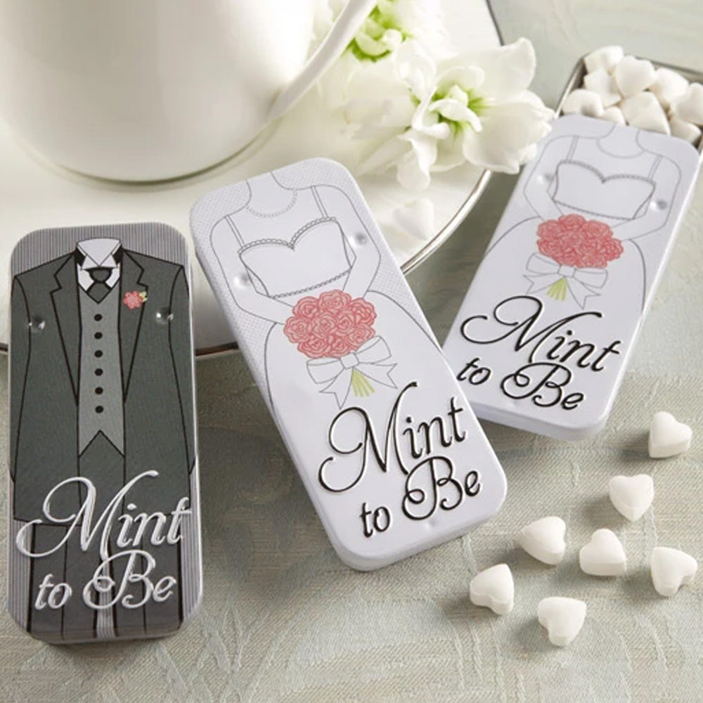 "Mint to Be" Bride and Groom Slide Mint Tins with Heart Mints