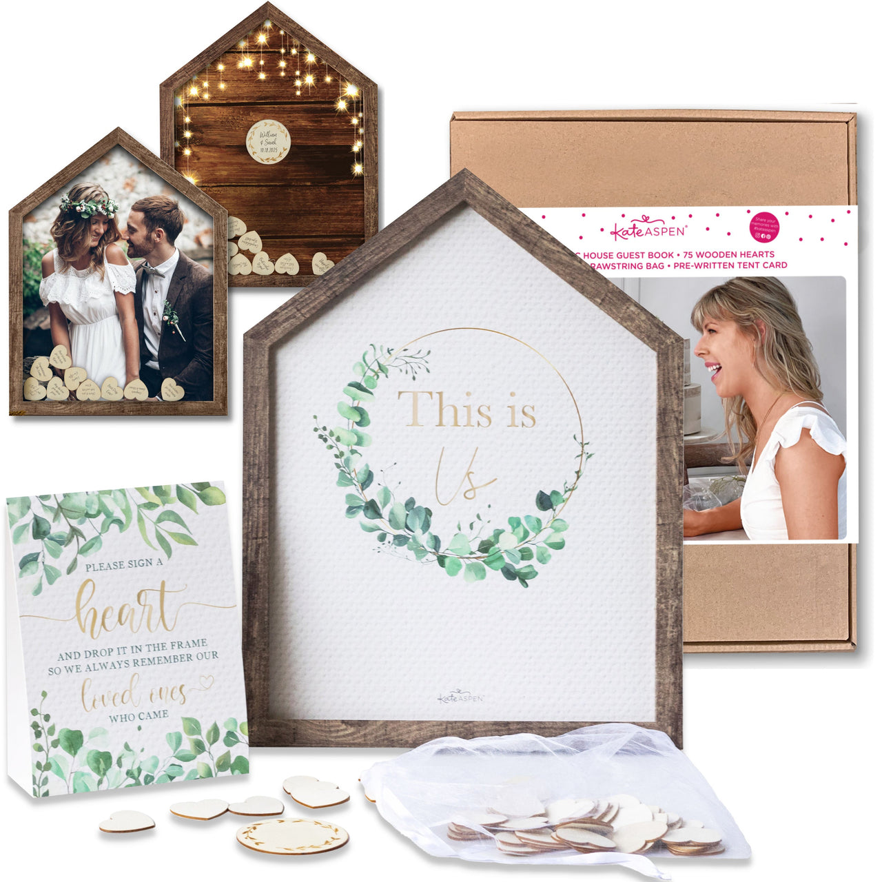 Kate Aspen Libro Degli Ospiti Alternativo Per Matrimonio – Cornice Shadowbox In Legno, 75 Cuori In Legno, Stile Rustico