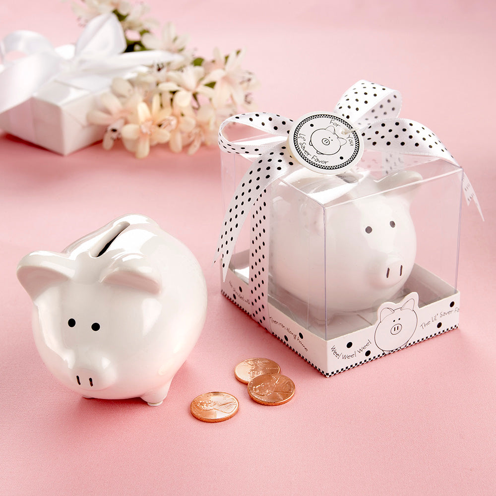 Li'l Saver Favor Ceramic Mini-Piggy Bank in Gift Box with Polka-Dot Bow