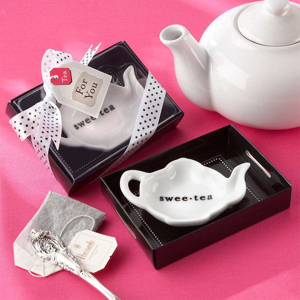 Swee-Tea Ceramic Tea-Bag Caddy in Black & White Serving-Tray Gift Box - Set of 4 Main Image, Kate Aspen | Tea-Bag Caddy