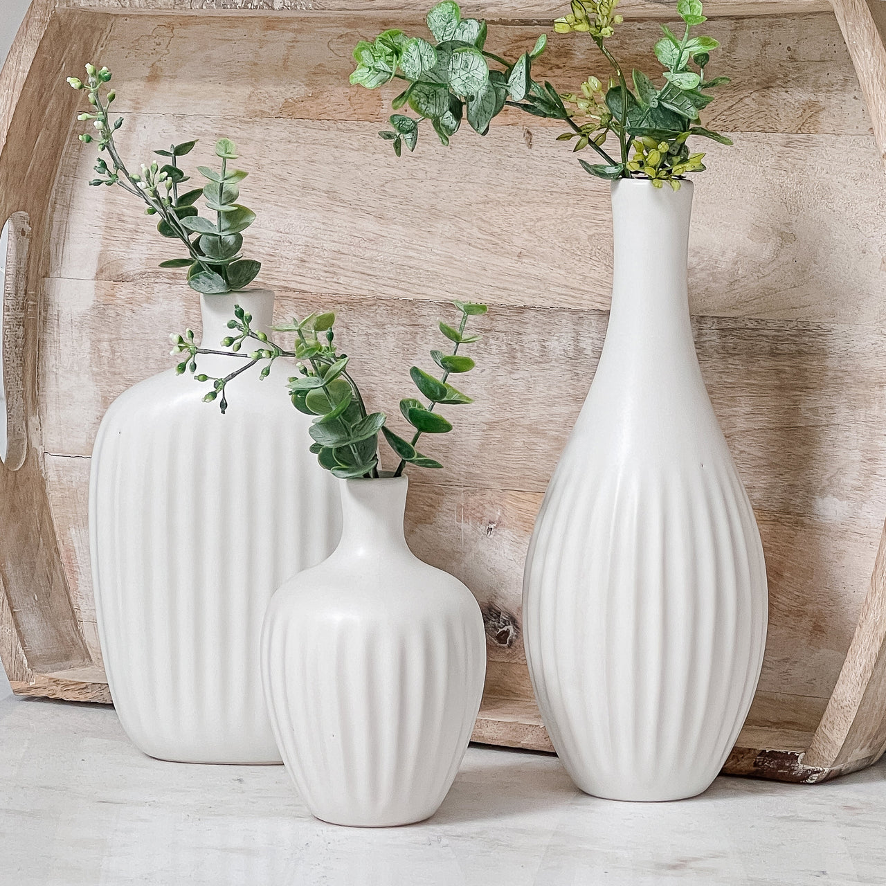 White Textured Ceramic Minimalist Vase (Set of 3) Alternate Image 2, Kate Aspen | Vase
