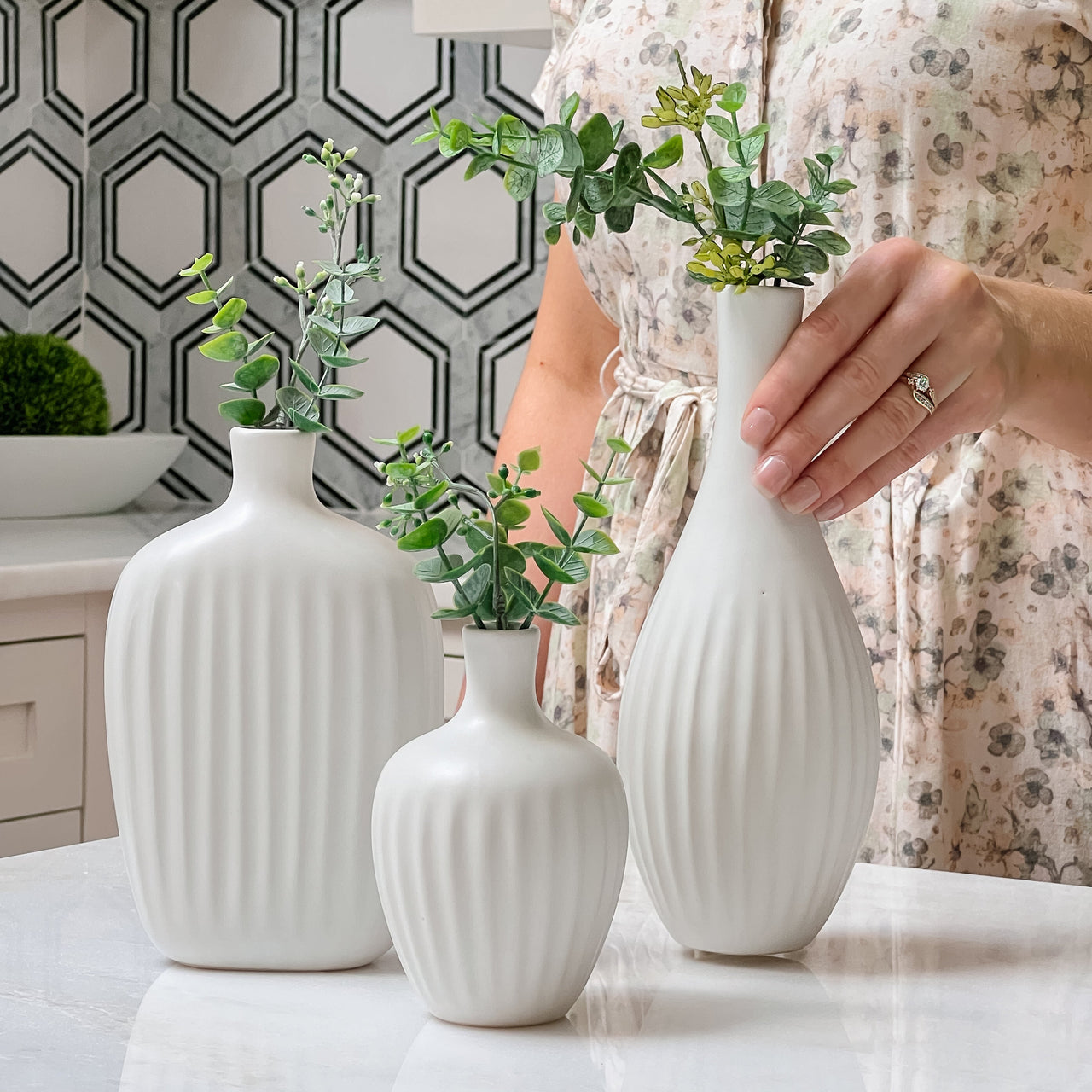 White Textured Ceramic Minimalist Vase (Set of 3) Alternate Image 5, Kate Aspen | Vase