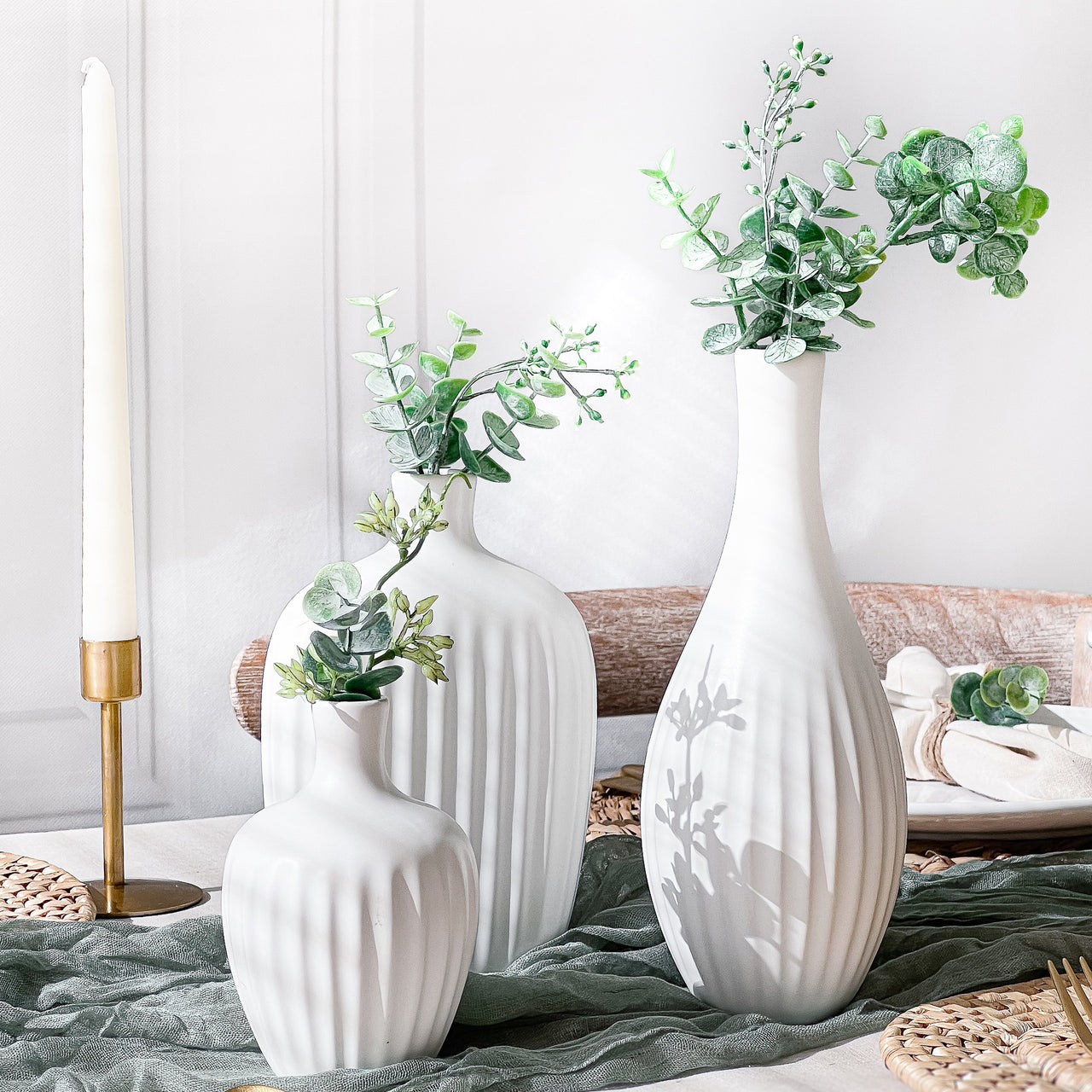 White Textured Ceramic Minimalist Vase (Set of 3) Alternate Image 7, Kate Aspen | Vase