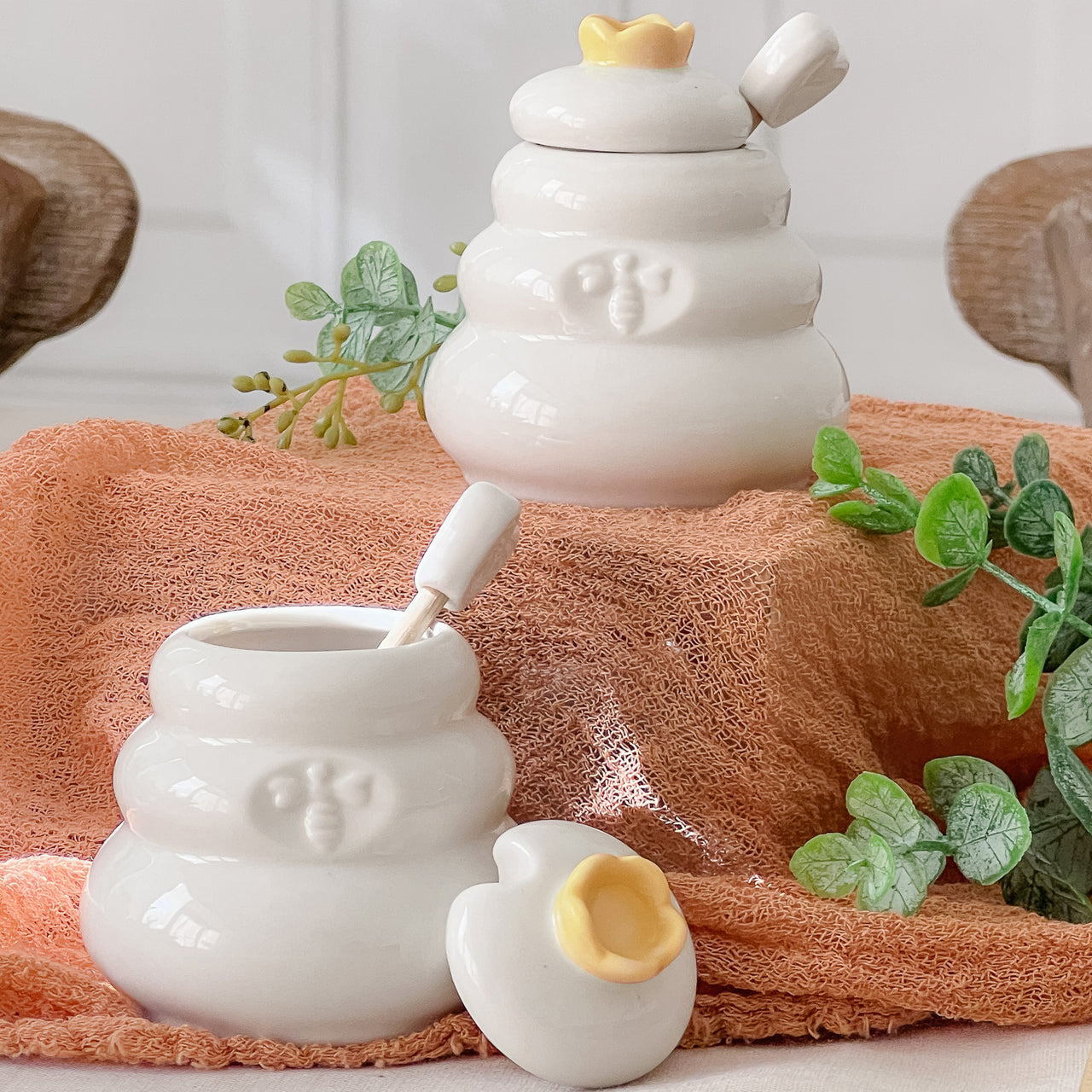 Bee Hive Ceramic Mini Honey Jar and Dipper Set (Set of 2) Main Image, Kate Aspen | Honey Pot