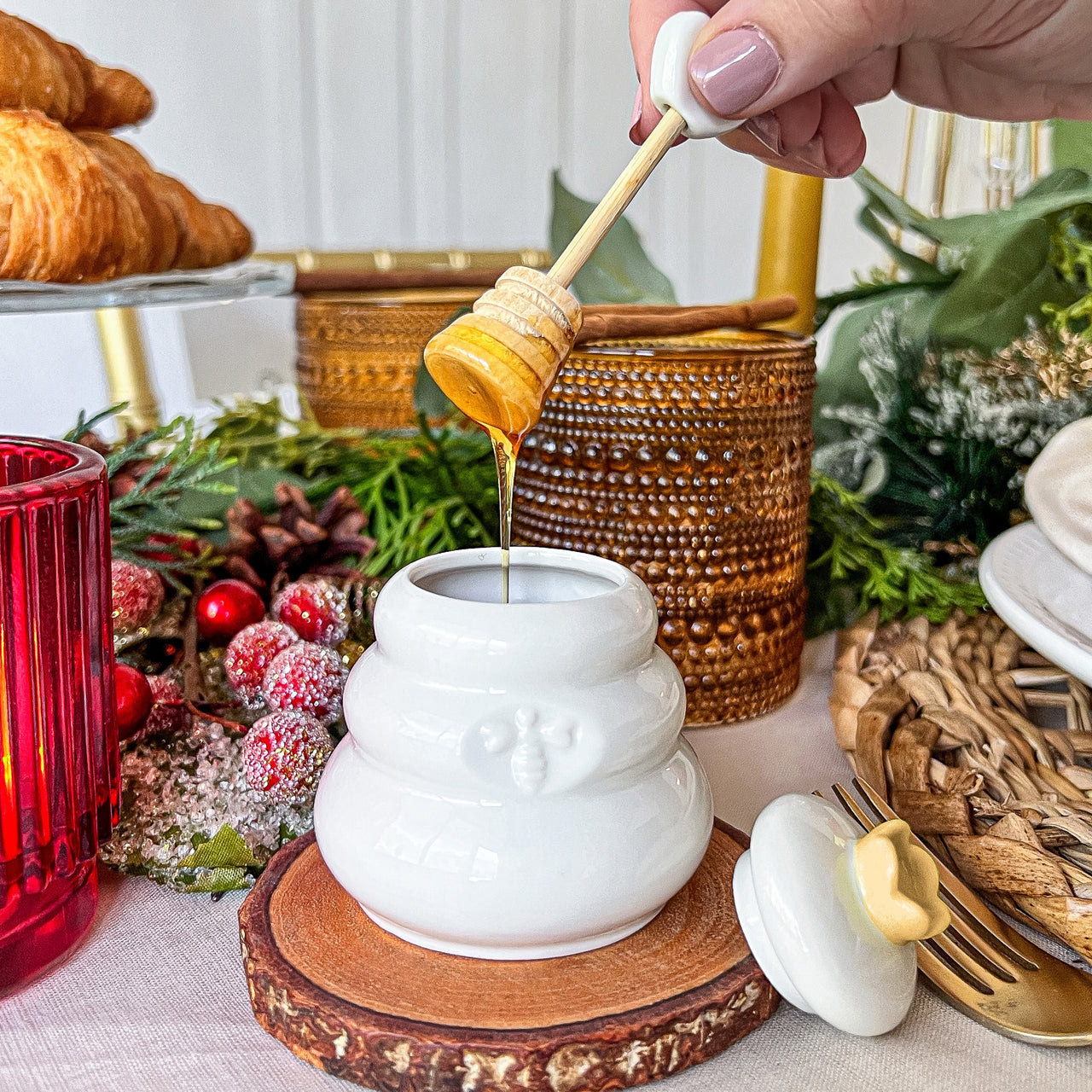 Bee Hive Ceramic Mini Honey Jar and Dipper Set (Set of 2) Alternate Image 4, Kate Aspen | Honey Pot