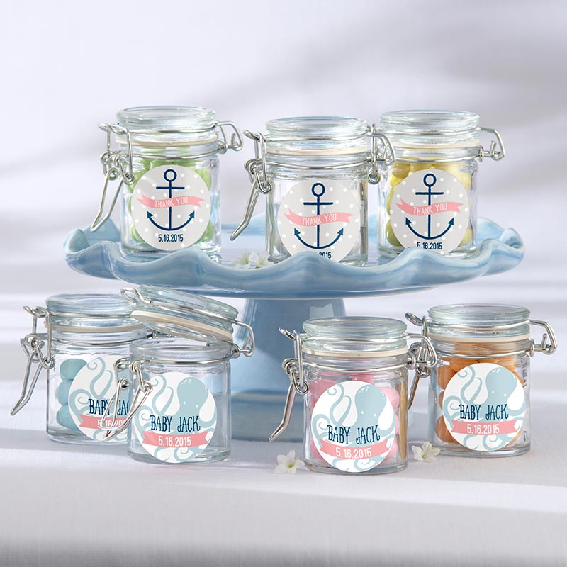 Personalized Glass Favor Jars - Kate's Nautical Baby Shower Collection (Set of 12)