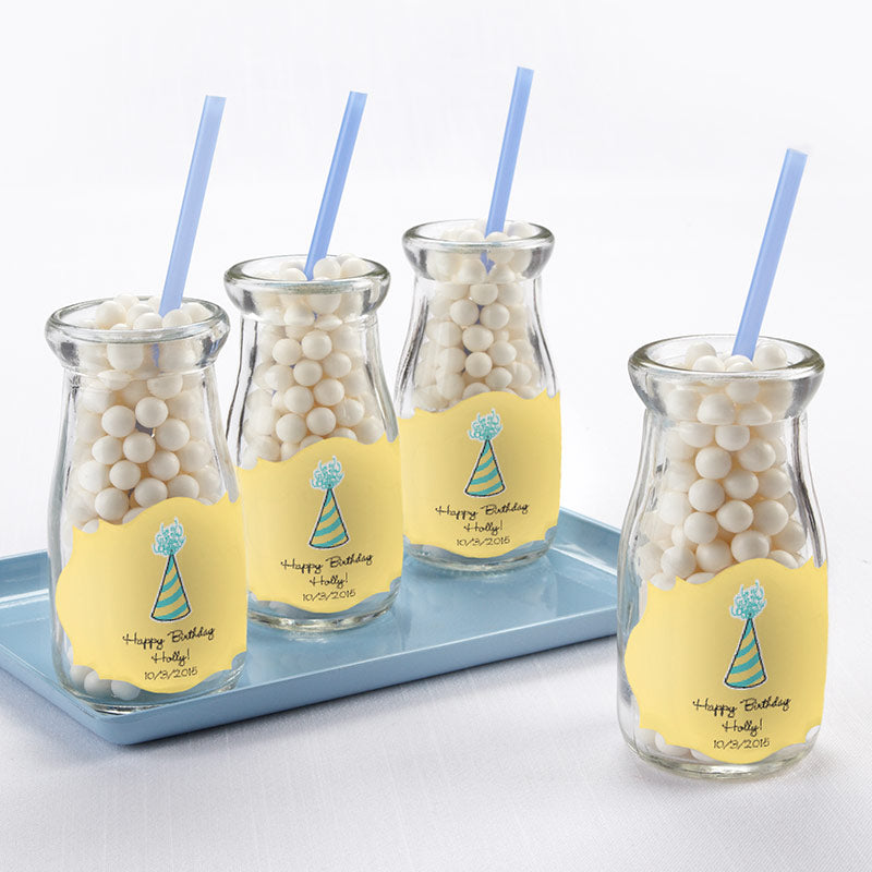 Vintage 3.8 oz. Milk Bottle Favor Jar - Birthday (Set of 12) (Personalization Available)