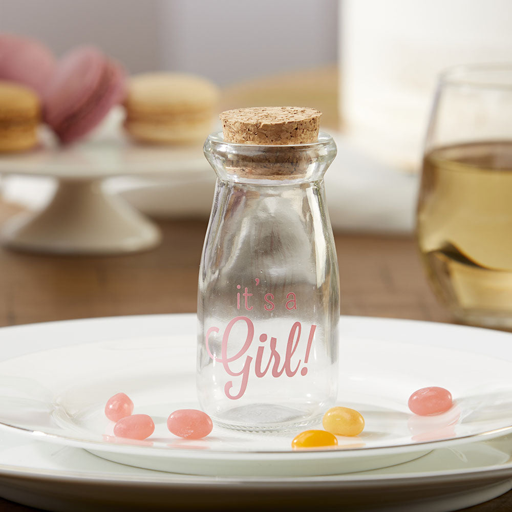 Printed Vintage 3.8 oz. Milk Bottle Favor Jar - It's a Girl (Set of 12) Main Image, Kate Aspen | Milk Jars