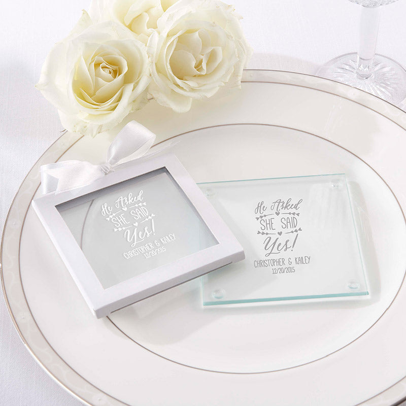 Personalized Glass Coaster - He Asked, She Said Yes (Set of 12)