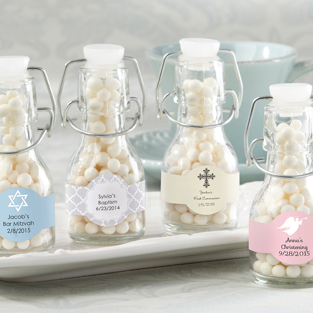 Personalized Mini Glass Favor Bottle with Swing Top - Religious (Set of 12) Main Image, Kate Aspen | Favor Jars