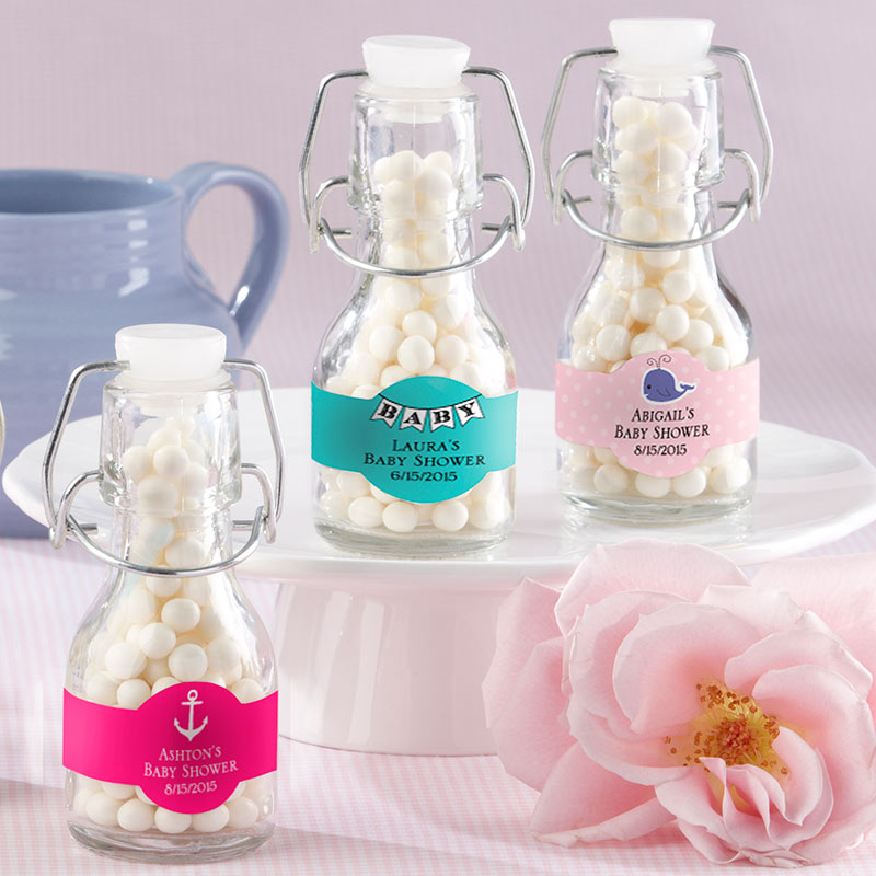 Personalized Mini Glass Favor Bottle with Swing Top - Baby Shower (Set of 12) Main Image, Kate Aspen | Favor Jars
