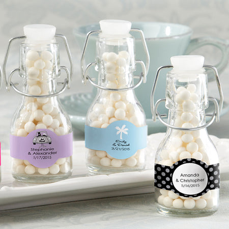 Personalized Mini Glass Favor Bottle with Swing Top - Wedding (Set of 12) Main Image, Kate Aspen | Favor Jars