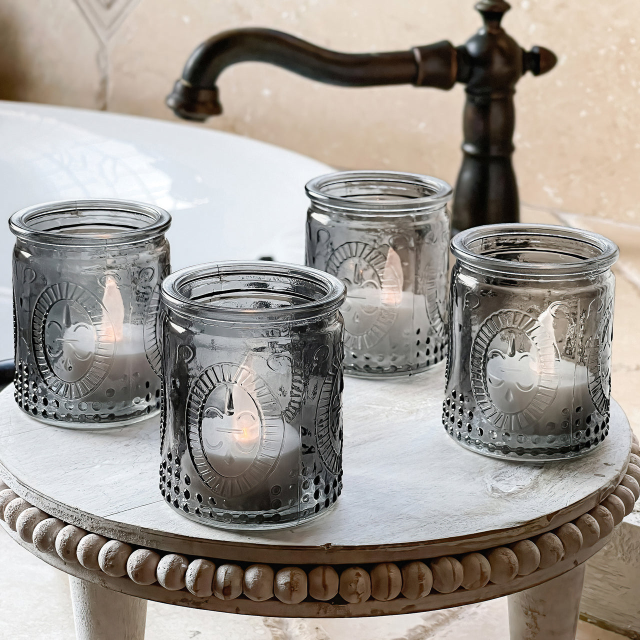 Vintage Smoke Gray Glass Tea Light Holder (Set of 8) Alternate Image 4, Kate Aspen | Tealight/Votive Holder